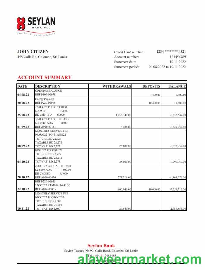 Sri Lanka Seylan bank statement xls